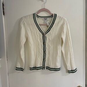 BNWT RSQ Girls Varsity Cream & Green Cable Knit Cardigan Sweater in small